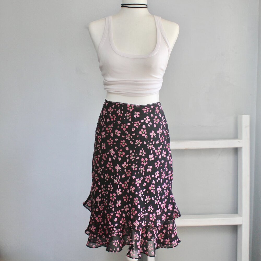 Casual Corner VTG Y2K Black & Pink A-Line Ruffle Tier Floral Midi Skirt Size 10
